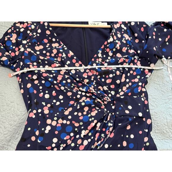 ELIZA J Navy Blue Polka Dotted Pink Faux Wrap Midi Dress V-Neck Size 10 Retro - Picture 13 of 14